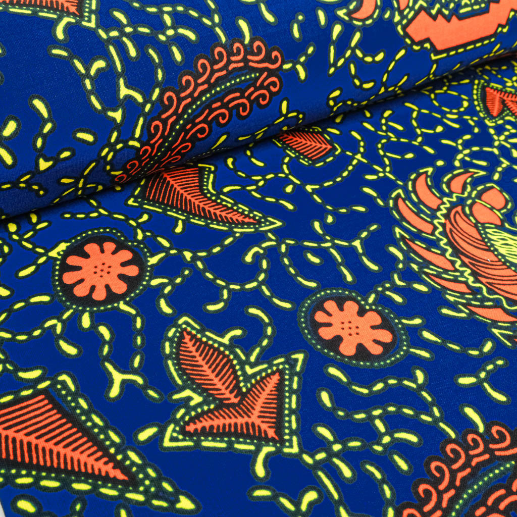 Blue Wax Fabric with Orange and Yellow Pattern - Maison Klem